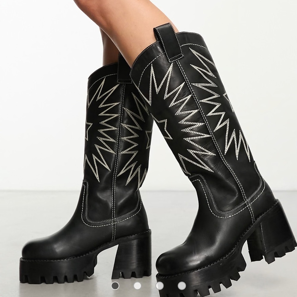 Black Leather Western Heeled Boots